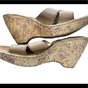 Born brown slip on leather wedge style sandals with cork floral wedge, size 8